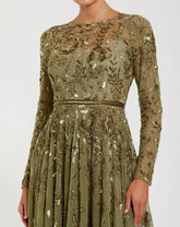 Green Long Sleeve Hand Embellished Floral A-line Gown